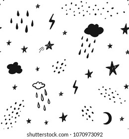 Hand drawn black and white abstract seamless pattern. Rain, stars, clouds, lightning, space background