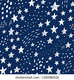 Hand drawn black and white abstract seamless pattern. Rain, stars, clouds, lightning, space background