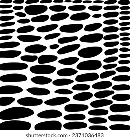 Hand drawn black and white abstract pattern of horizontal random elliptical shapes, blobs, or blots. Vector design.