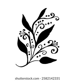 Hand drawn black and white abstract floral motif with rough edges foliage. Monochrome rustic floral silhouette.