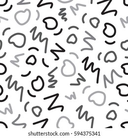 Hand drawn black and white abstract  seamless pattern. Vector geometric pattern in retro memphis style. Striped background.