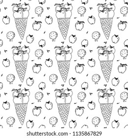 Hand Drawn Black and White apple icecream in waffle Doodle pattern. Illustrations Drawing Vector Sketch for textile, print, postcard, text, invitation, poster, background, book, t-shirt, wallpaper