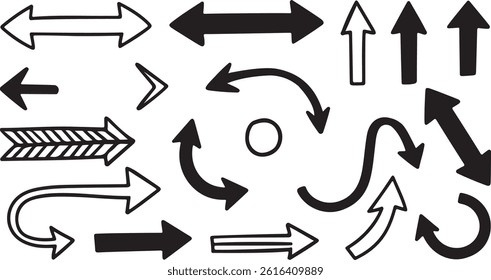Hand Drawn Black and White Arrow Elements, Doodle Style Vector Icons for Infographics  Design