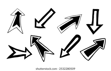 Setas pretas e brancas desenhadas à mão apontando em várias direções. Ideal para projetos criativos e de design.