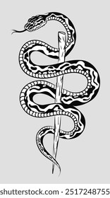 Hand drawn black and white art of a detailed mysterious snake coiled around a stick. Vector illustration of reptile with intricate scaled skin on grey background. Poster, tattoo design, t-shirt print