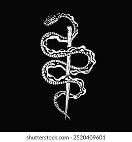 Hand drawn black and white art of a detailed mysterious snake coiled around a stick. Vector illustration of reptile with intricate scaled skin on dark background. Poster, tattoo design, t-shirt print