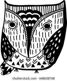 Hand drawn black white. Art Coloring book owl . Cute sitting Owl black and white sketch with floral ornament .