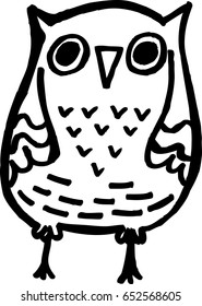 Hand drawn black white. Art Coloring book owl . Cute sitting Owl black and white sketch with. Cute cartoon characters.