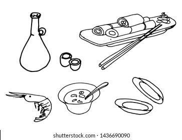 Hand drawn black and white asian cuisine. Vector graphic set. Hand drawn doodle.