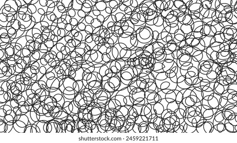 Hand drawn black and white background with curly texture. Line maze grunge rectangle template. Creative social media backdrop with scribbles squiggles doodles. 1920x1080. Vector illustration. svg