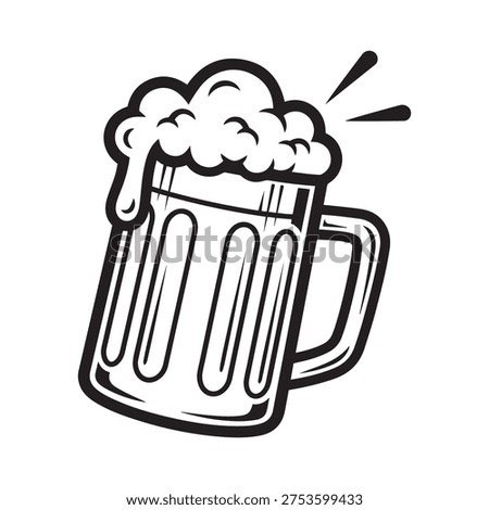 Hand Drawn Black and White Beer Mug Vector Illustration with Foam for Pub and Bar Signage