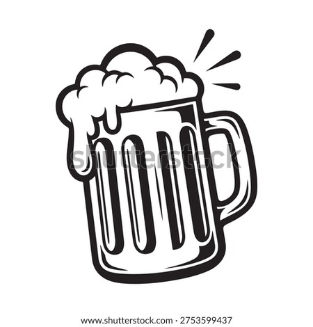 Hand Drawn Black and White Beer Mug Vector Illustration with Foam for Pub and Bar Signage