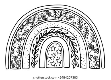 Hand drawn black and white boho rainbow in outline style. Cute doodle line Art with twigs. Vector illustration for baby nursery graphic design.