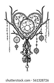 Hand drawn black and white boho dreamcatcher