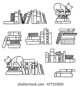 Hand drawn black and white book stacks with cute sleeping cat