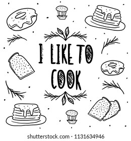 Hand Drawn Black and White breakfast food Doodle card. Illustrations Drawing Vector Sketch with toast, pancake, donut,  cupcake for textile, fabric, wallpaper, menu, restaurant, card, poster, t shirt