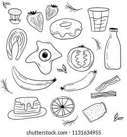 Hand Drawn Black and White breakfast food Doodle card. Illustrations Drawing Vector Sketch with tomato, orange, egg, strawberry, milk, toast, bacon. pancake, donut, salmon, sausage, banana