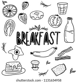 Hand Drawn Black and White breakfast food Doodle card. Illustrations Drawing Vector Sketch with tomato, orange, egg, strawberry, milk, toast, bacon. pancake, donut, salmon, sausage, banana