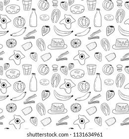 Hand Drawn Black and White breakfast pattern Doodle card. Illustrations Drawing Vector Sketch with tomato, orange, egg, strawberry, milk, toast, bacon. pancake, donut, salmon, sausage, banana