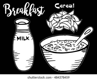 Hand drawn black and white breakfast Illustration of cereals and milk