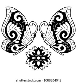 Hand drawn black and white butterflies With flowers. Design elements label, emblem, poster, t-shirt. Vector illustration