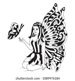 Hand drawn black and white butterflies With beautiful fairy. Design elements label, emblem, poster, t-shirt. Vector illustration