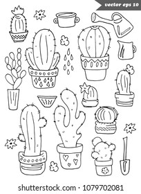 Hand drawn black and white cactus vector set. Isolated trendy elements for your designs, stickers, posters, scrapbooking, coloring book, decoration. Graphic illustration. 