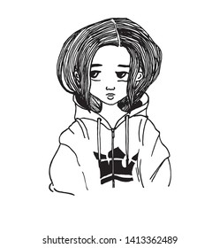 Hand drawn black and white cartoon vector girl in hoodie for print or cards