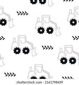 Hand drawn black and white cartoon bulldozer seamless pattern. Kids funny print with a loader car.  Scandinavian style toy vehicle. Baby design for fabric, packaging, textiles. Childish nursery.