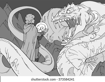 Hand drawn black and white cartoon fantasy illustration of a huge frightening monster snake hissing at the hero who brought this snake her egg 