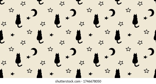 Hand drawn black and white cat star moon celestial night seamless background for textile wallpaper fabric design. Halloween animal dark gothic cute design.