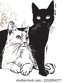 Hand drawn black and white cat. Two cats in ink linocut graphic style. Can be used as a stamp on fabric, postcard, ex libris design