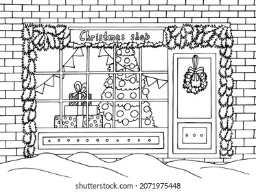 Hand drawn black and white Christmas shop coloring page. City street in winter at Christmas time line art illustration. Christmas tree and gifts in window shop.