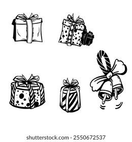 Hand Drawn Black and White Christmas Doodle Illustrations Featuring Santa, Snowman, Gifts, Trees and More