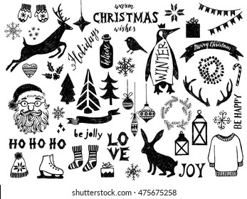 Hand drawn black and white Christmas design elements