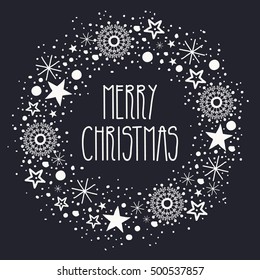 Hand Drawn Black and White  Christmas Round Frame with Snowflakes and Stars. 