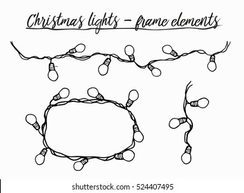 Hand Drawn Black And White Christmas Lights Frame Elements - Vector Illustration