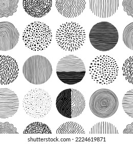 Hand drawn black, white circle seamless pattern. Doodle style abstracrt textured scribble, stripped, dot circle element pattern. Monochrome background. Vector illustration