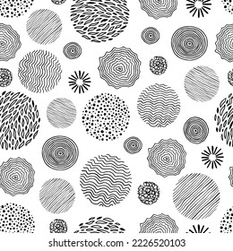 Hand drawn black, white circle seamless pattern. Doodle style abstracrt textured scribble, stripped, dot circle element pattern. Monochrome background. Vector illustration