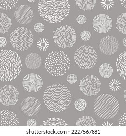 Hand drawn black, white circle seamless pattern. Doodle style abstracrt textured scribble, stripped, dot circle element pattern. Monochrome background. Vector illustration