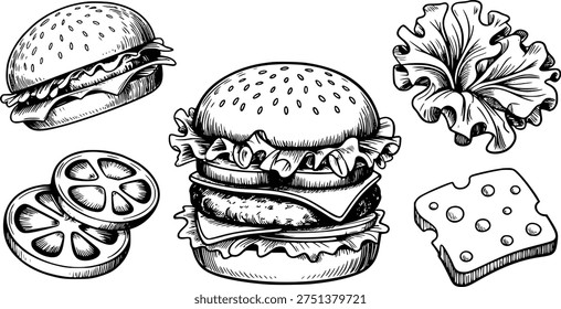Hand drawn black and white of a classic hamburger with lettuce tomato and cheese slices