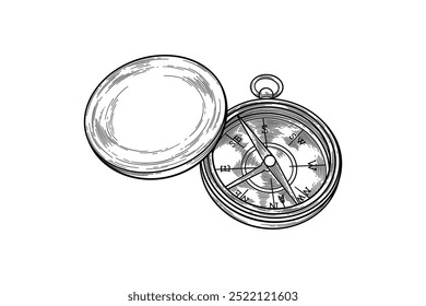 hand drawn black and white compass illustration
