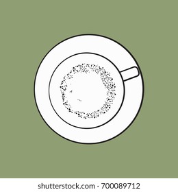Hand drawn black and white contour matcha tea latte, cappuccino drink, top view sketch vector illustration isolated on green background.