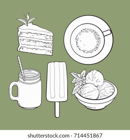 Hand drawn black and white contour food with matcha tea - ice cream, cake, drinks, sketch vector illustration isolated on green background.