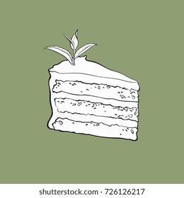 Hand drawn black and white contour piece of matcha tea layered cake, sketch style vector illustration isolated on green background.