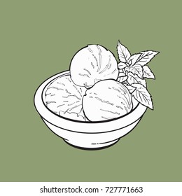 Hand drawn black and white contour bowl of matcha tea ice cream scoops, sketch vector illustration isolated on green background.