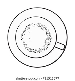 Hand drawn black and white contour matcha tea latte, cappuccino drink, top view sketch vector illustration isolated on white background.