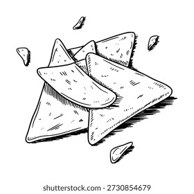 Dibujado a mano en blanco y negro de chips de tortilla de maíz dispersos en un bocadillo de nacho de fondo blanco