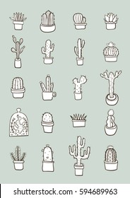 Hand drawn black and white countour cactus and succulent vector set on green background