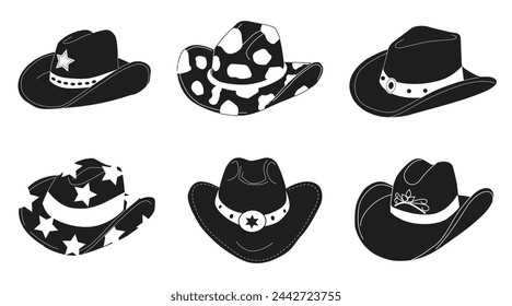 Hand drawn black and white cowboy hats. Set of cowboy hat flat vector illustration. Collection of retro elements. Cowboy Western and Wild West theme. 